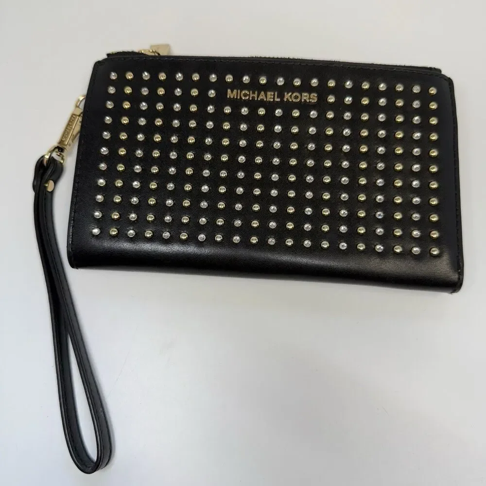 Michael Kors Adele Studded Black Leather Smartphone Wristlet Wallet - Picture 2 of 11